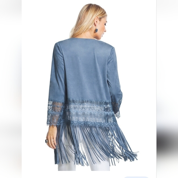 Chico's blue faux suede lace fringe open front cardigan Chico's size 1 - Picture 5 of 14